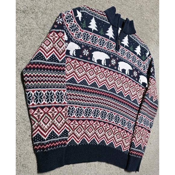 ASPEN Fair Isle Polar Bear Christmas Holiday 1/4 Zip Knit Sweater Size L - Picture 9 of 16